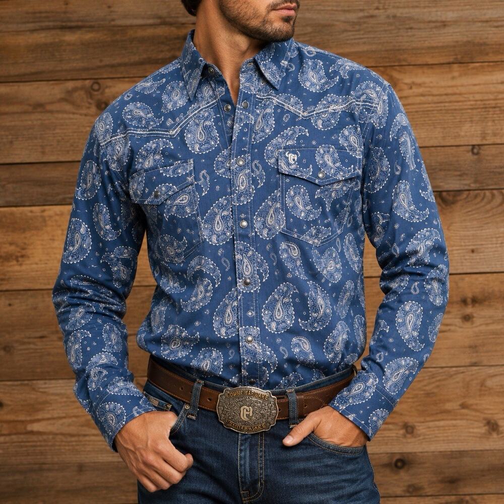 Cowboy Hardware Paisley Pearl Snap Western Shirt Mens LG Blue Long Sleeve Rodeo